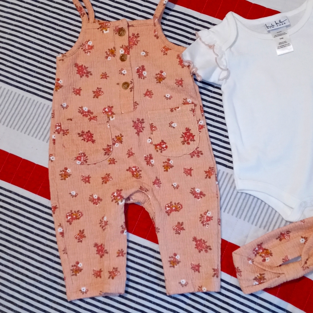 Nicole Miller 2 Set Pink Floral/Dusty Coral Jumpsuit/Creeper 3 PC Set 3/6M